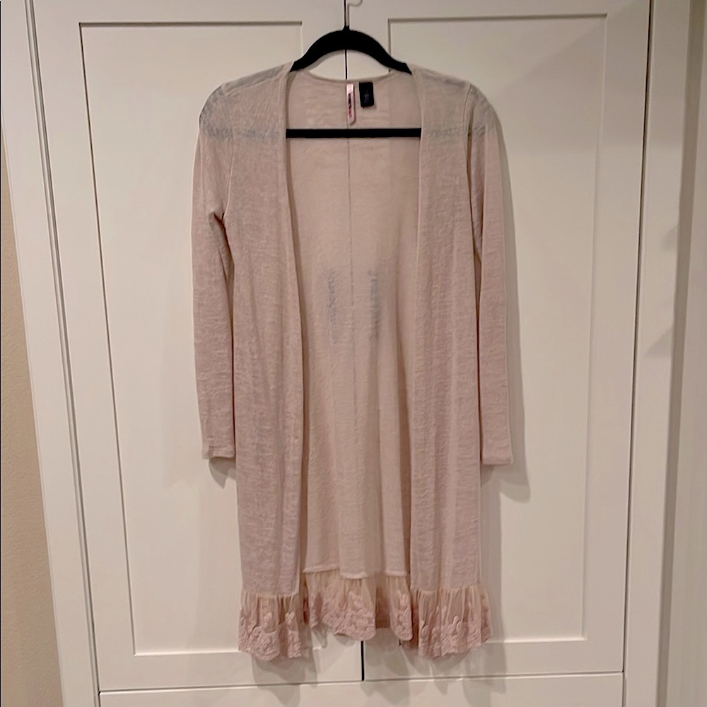 Pink Long Cardigan with Lace Trim